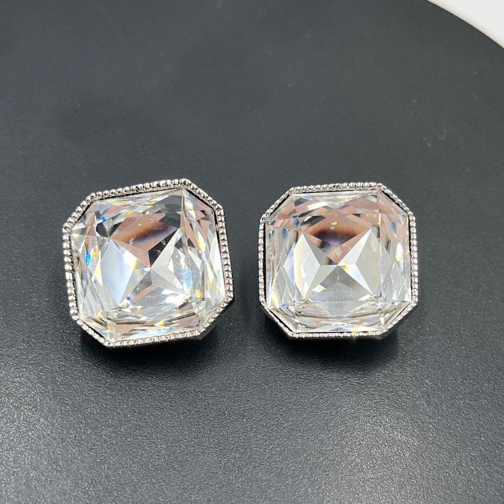 ST.JOHN Vintage Asscher‎ Look Huge Diamante Rhinestone Mirror Clip On Earring